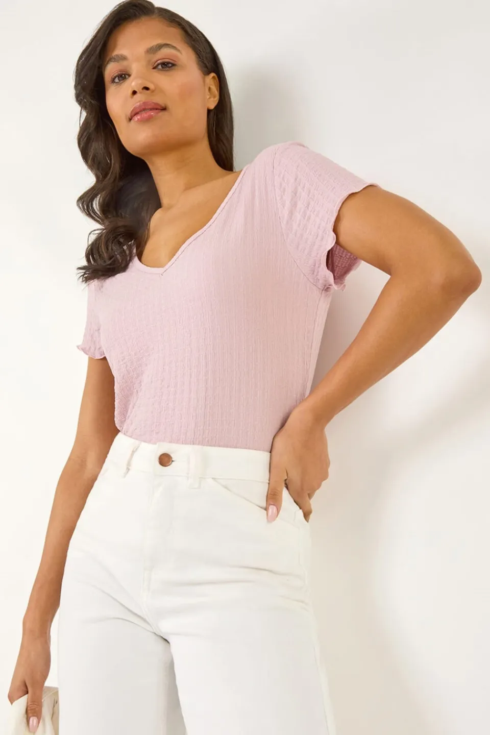 T-Shirts>Roman Pink Textured Lettuce Edge Top