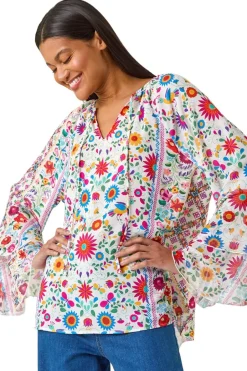 Tops>Roman Pink Tie Front Floral Print Top