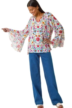 Tops>Roman Pink Tie Front Floral Print Top