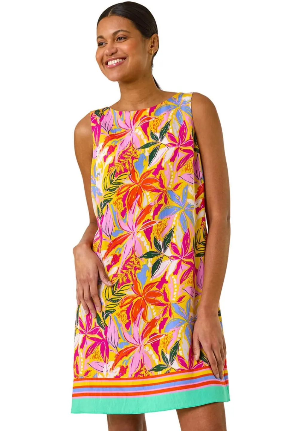 Dresses>Roman Pink Tropical Leaf Print Shift Dress