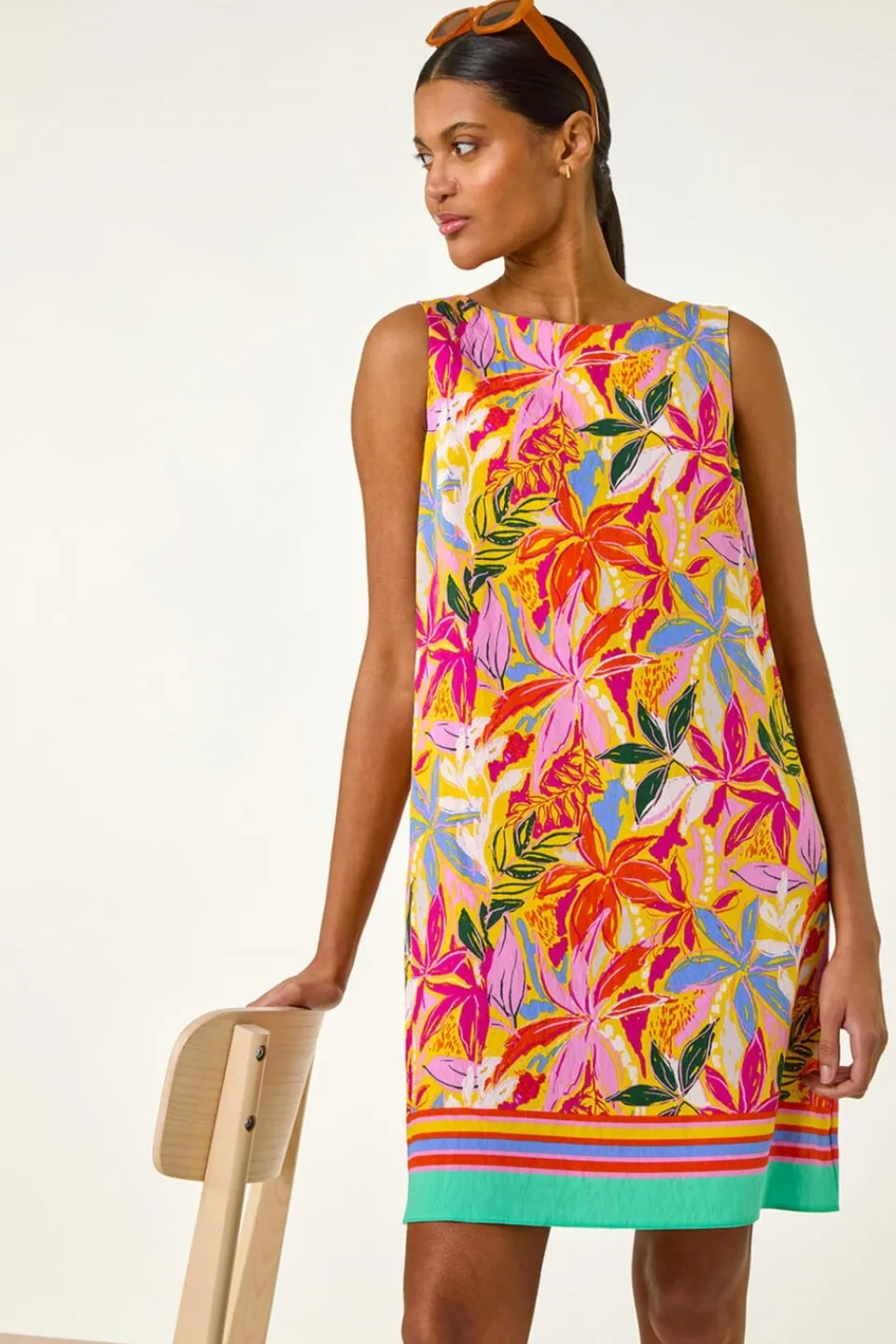 Dresses>Roman Pink Tropical Leaf Print Shift Dress