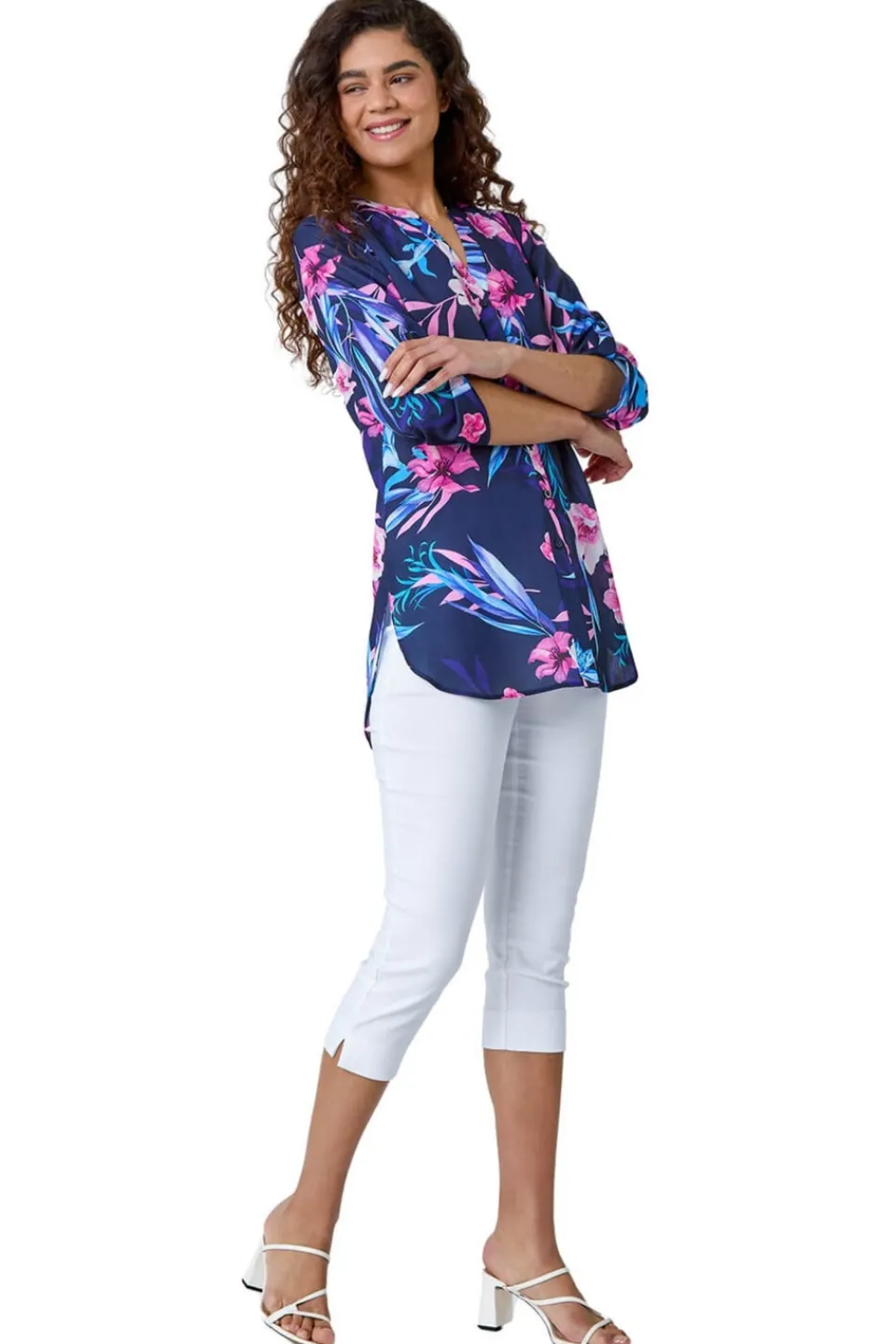 T-Shirts>Roman Pink Tropical Print Longline Blouse