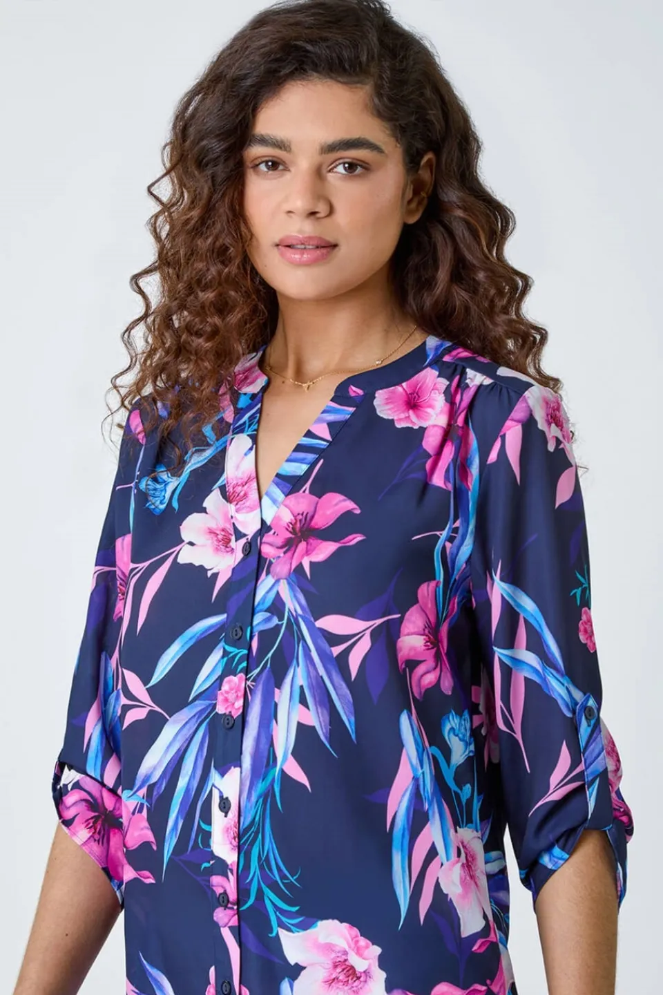 T-Shirts>Roman Pink Tropical Print Longline Blouse