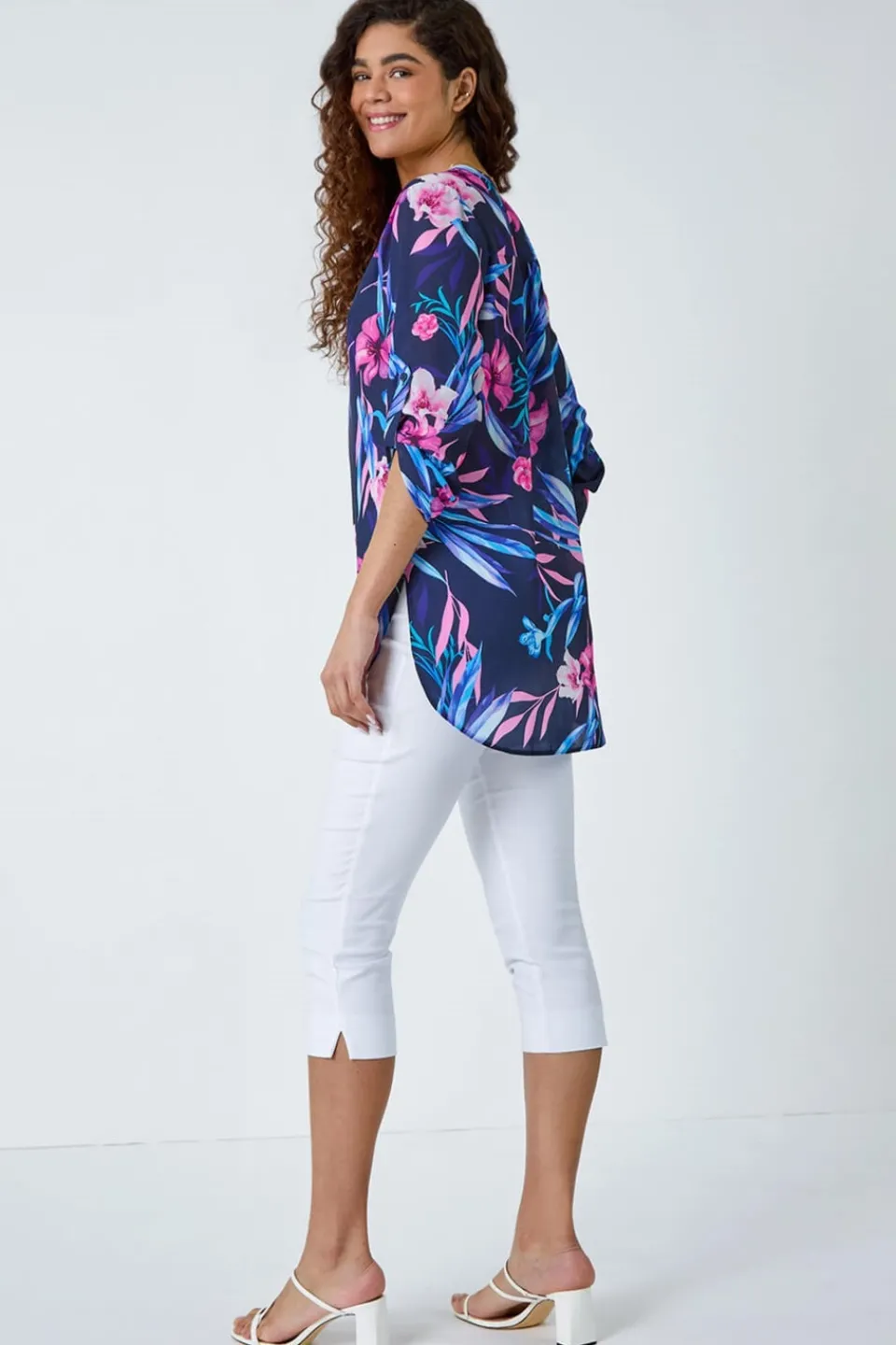 T-Shirts>Roman Pink Tropical Print Longline Blouse
