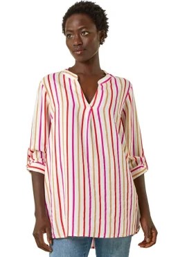 Tops>Roman Pink Vertical Stripe Pleat Detail Top