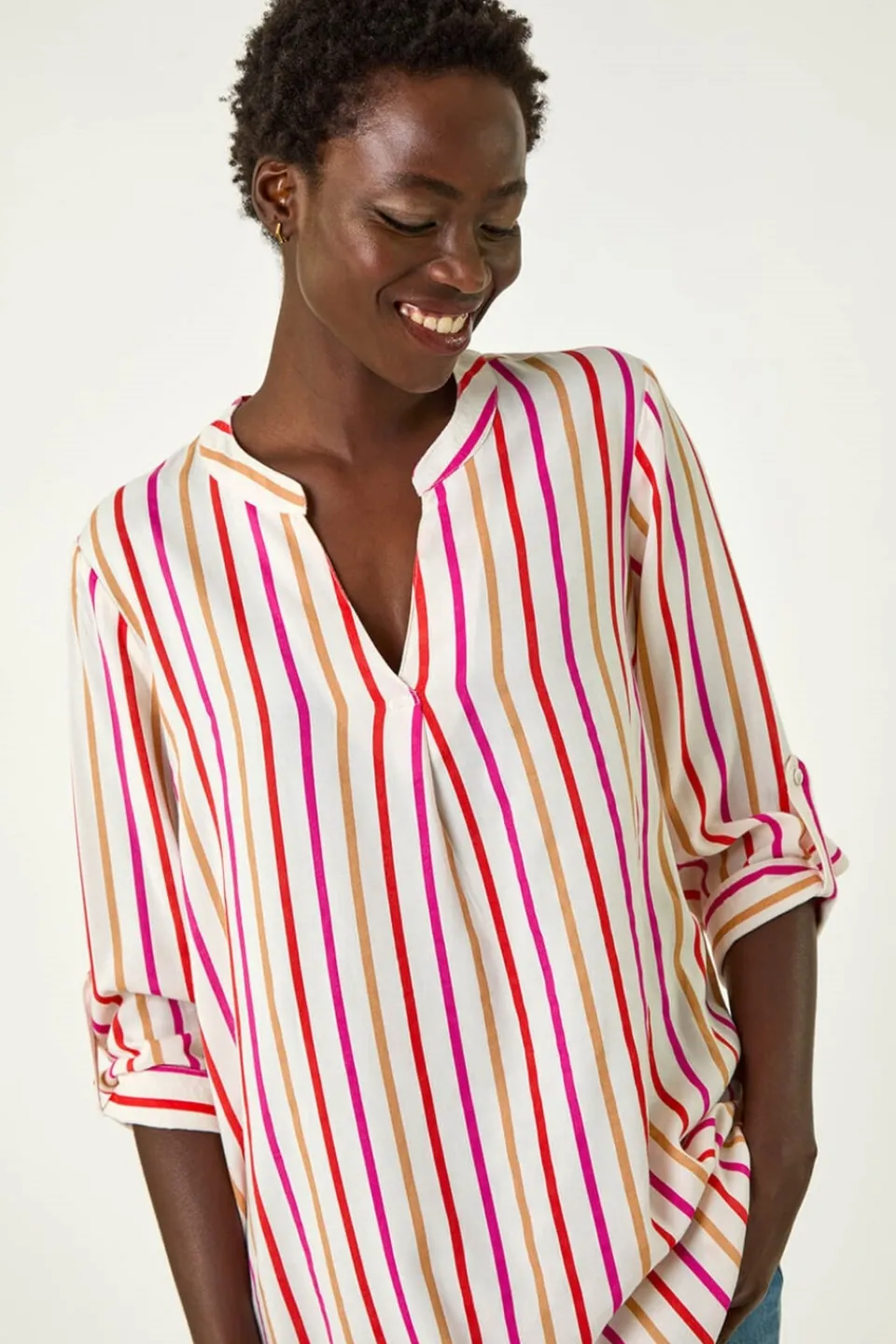 Tops>Roman Pink Vertical Stripe Pleat Detail Top