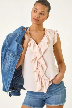 Tops>Roman Pink V-Neck Ruffle Front Vest Top