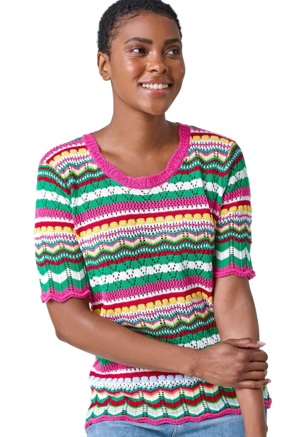 Tops>Roman Pink Wave Print Knitted Cotton Top