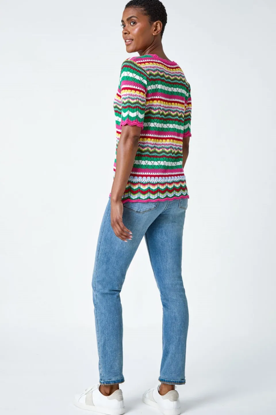 Tops>Roman Pink Wave Print Knitted Cotton Top