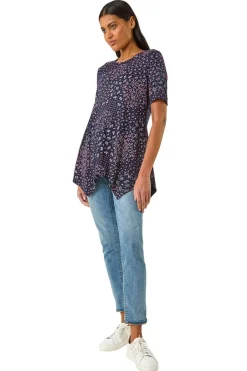 Tops>Roman Floral Print Hanky Hem Tunic Top Plum