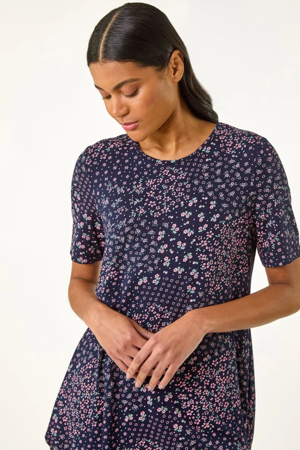 Tops>Roman Floral Print Hanky Hem Tunic Top Plum