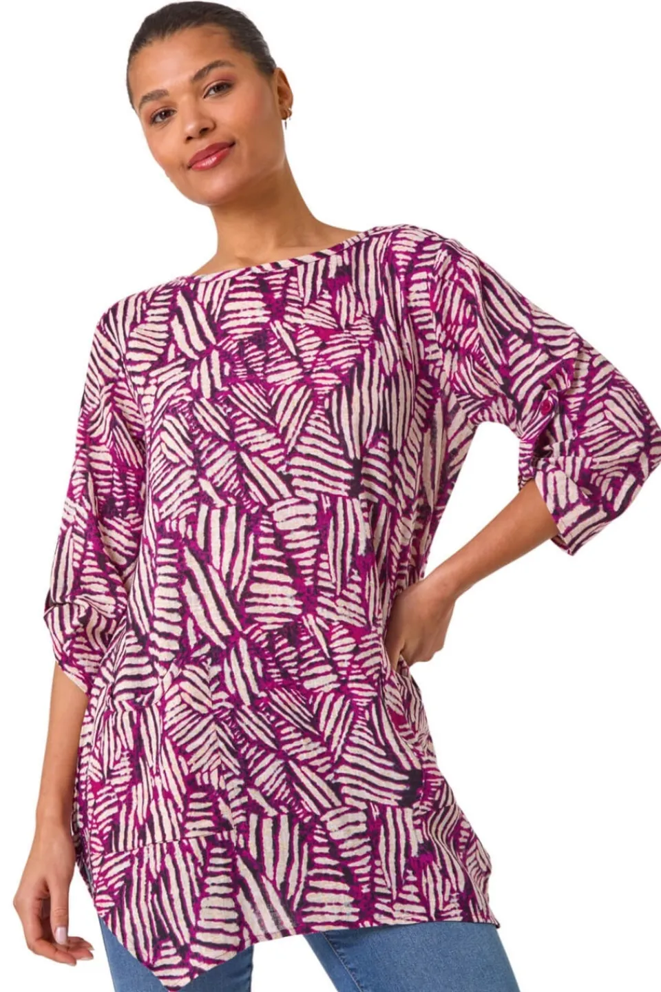 Tops>Roman Plum Longline Print Tunic Top