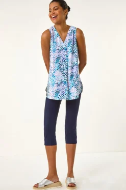 Tops>Roman Purple Abstract Print V Neck Pleat Top