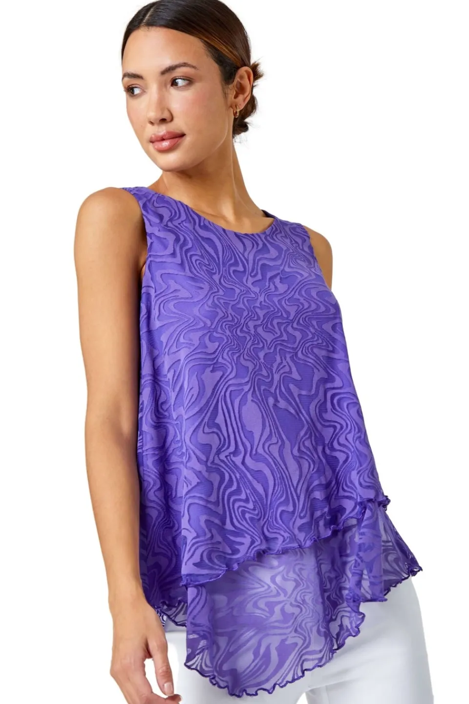 Tops>Roman Purple Burnout Swirl Print Asymmetric Top