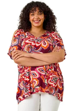Tops>Roman Purple Curve Floral Print Cold Shoulder Top