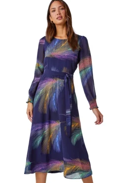 Dresses>Roman Purple Feather Print Belted Midi Dress