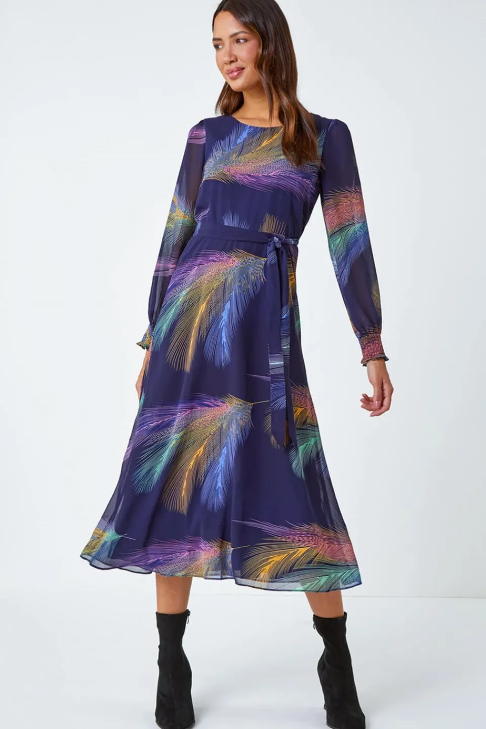 Dresses>Roman Purple Feather Print Belted Midi Dress