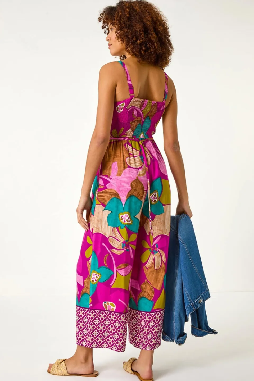 Jumpsuits & Playsuits>Roman Purple Floral Border Ruched Jumpsuit