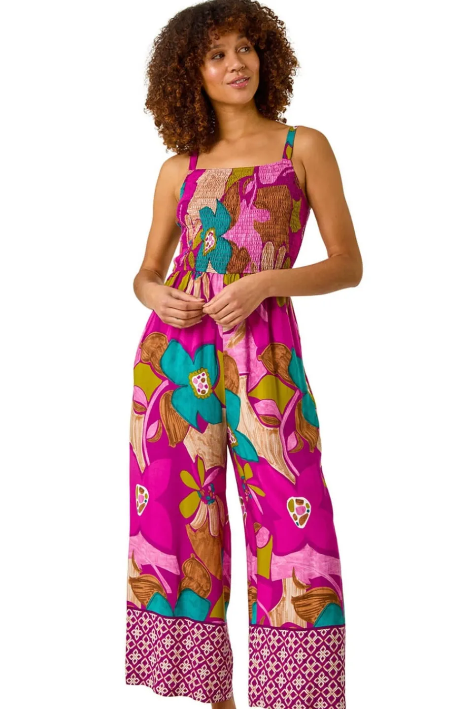 Jumpsuits & Playsuits>Roman Purple Floral Border Ruched Jumpsuit