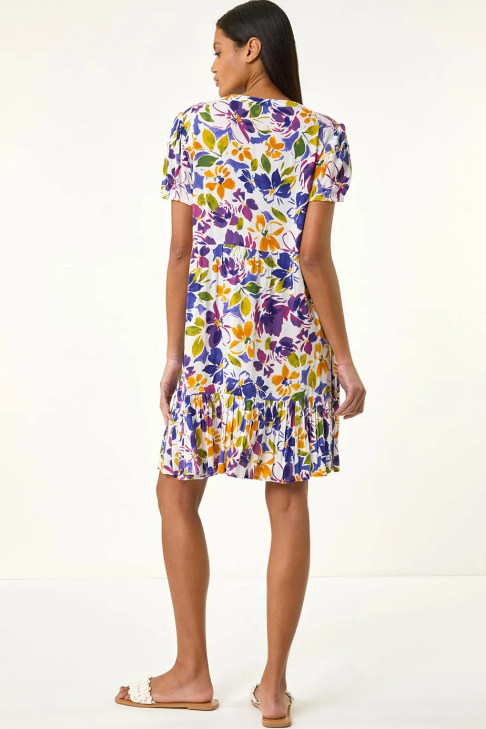 Dresses>Roman Purple Floral Notch Button Shirt Dress