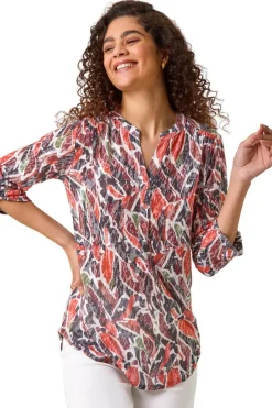 Tops>Roman Red Abstract Print Burnout V-Neck Shirt