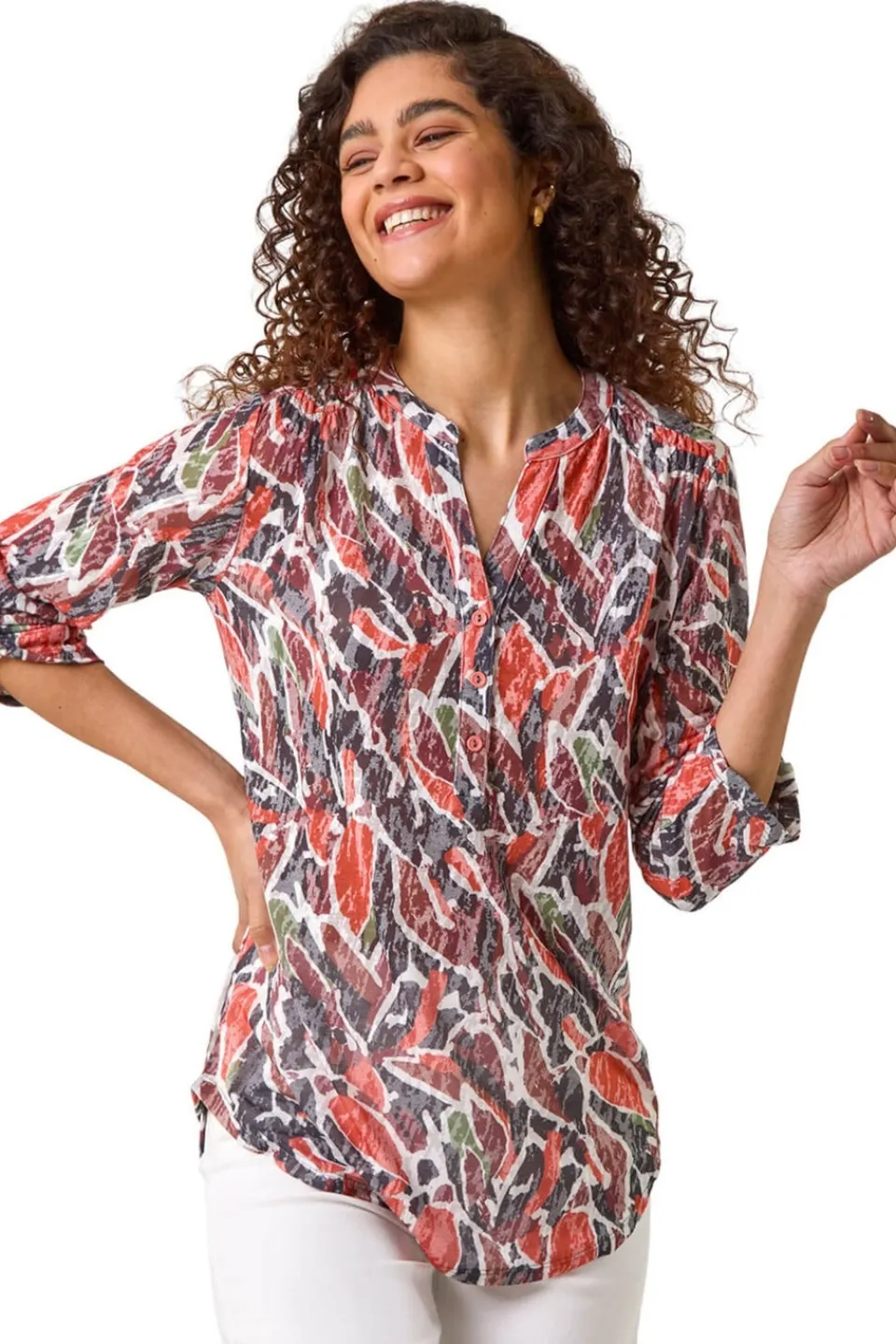 Tops>Roman Red Abstract Print Burnout V-Neck Shirt