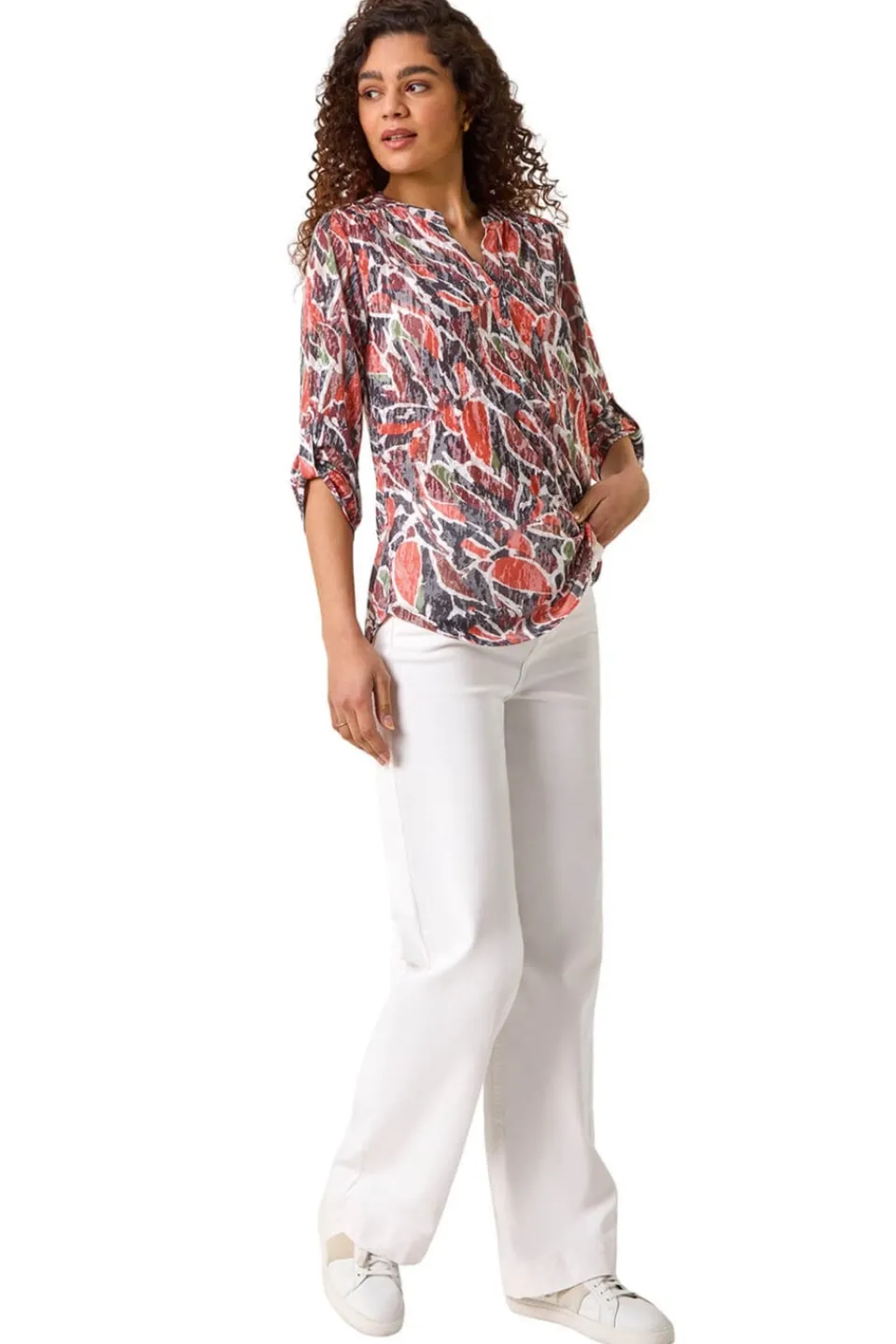 Tops>Roman Red Abstract Print Burnout V-Neck Shirt