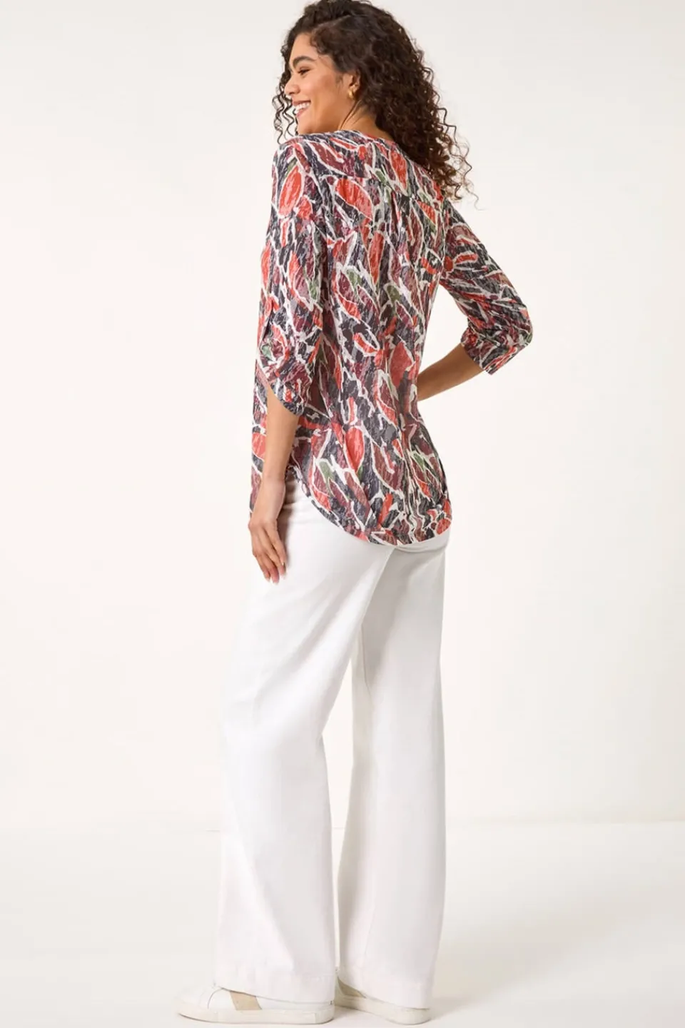 Tops>Roman Red Abstract Print Burnout V-Neck Shirt