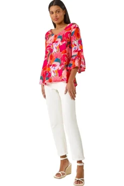 Tops>Roman Red Abstract Print Flare Sleeve Top