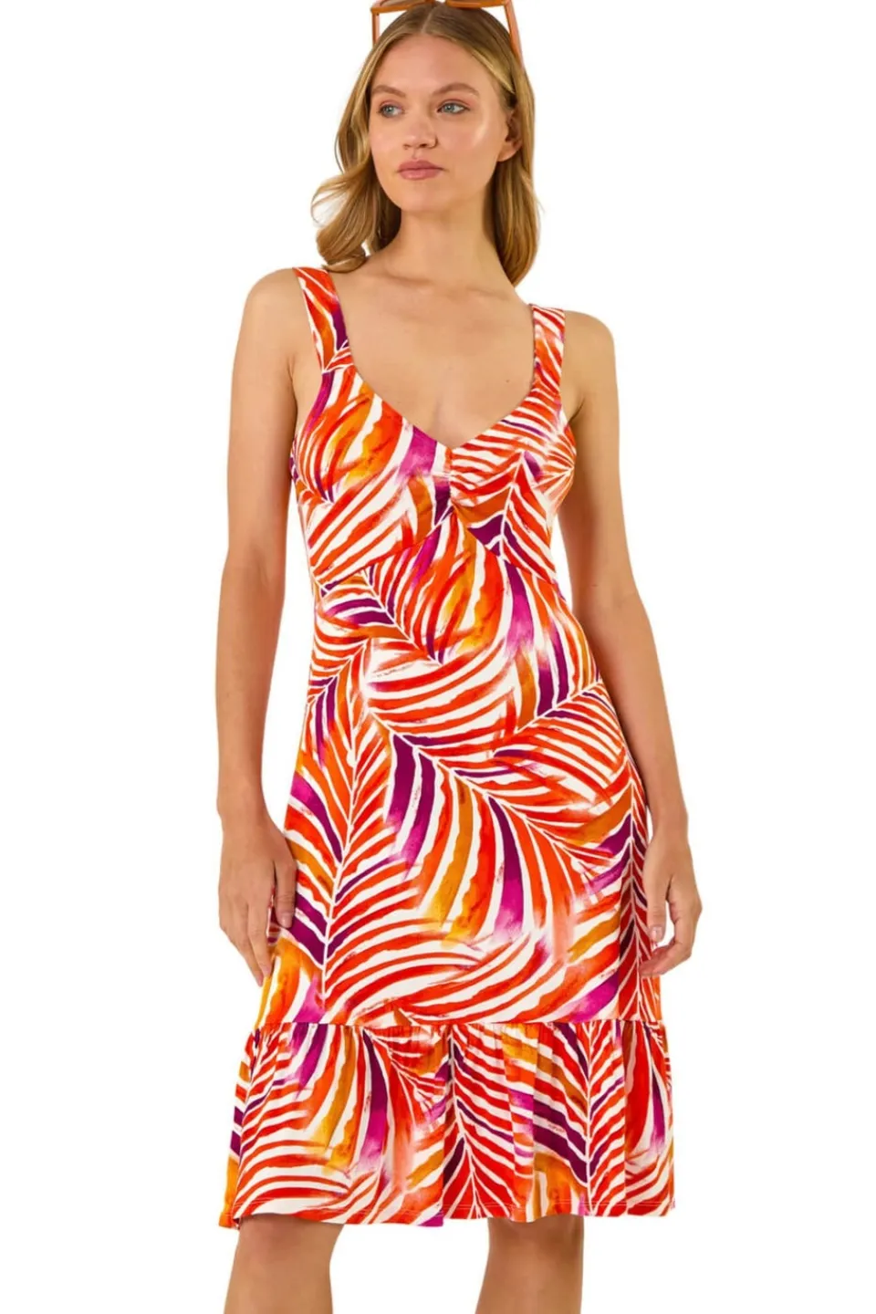 Dresses>Roman Red Abstract Print V-Neck Frill Dress