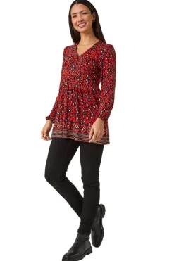 Tops>Roman Abstract Printed V-Neck Tunic Top Red