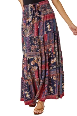 Skirts>Roman Red Boho Floral Shirred Waist Maxi Skirt