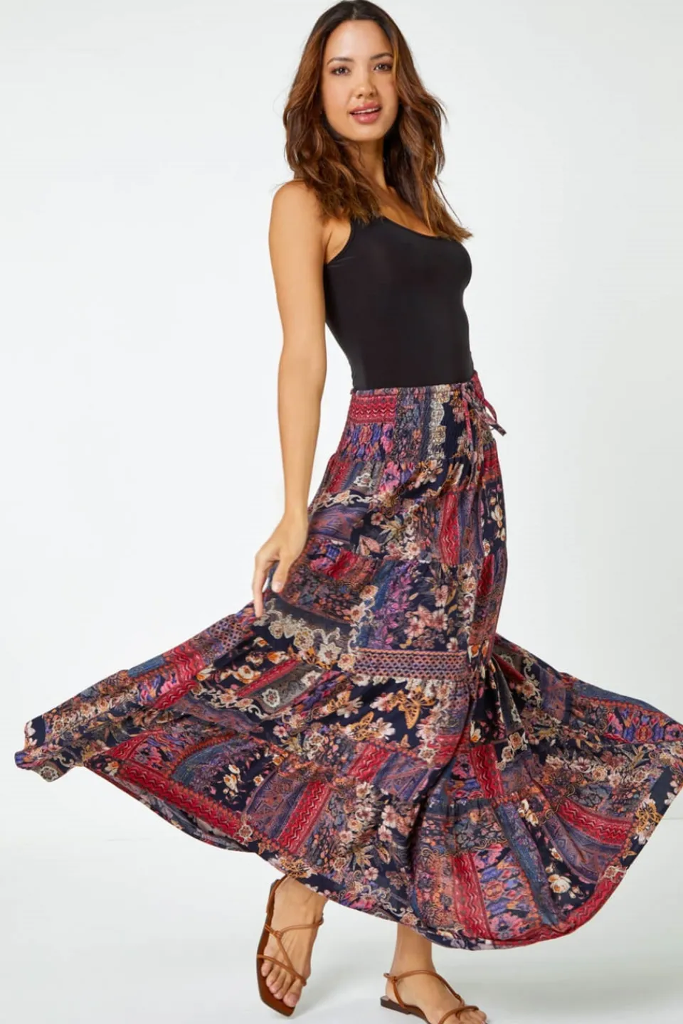 Skirts>Roman Red Boho Floral Shirred Waist Maxi Skirt