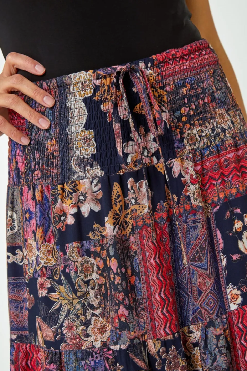 Skirts>Roman Red Boho Floral Shirred Waist Maxi Skirt