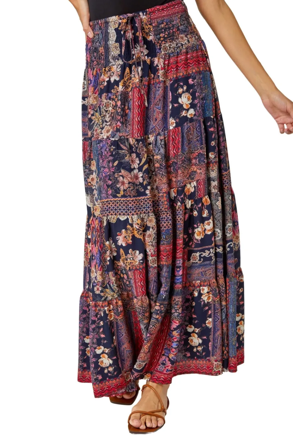 Skirts>Roman Red Boho Floral Shirred Waist Maxi Skirt