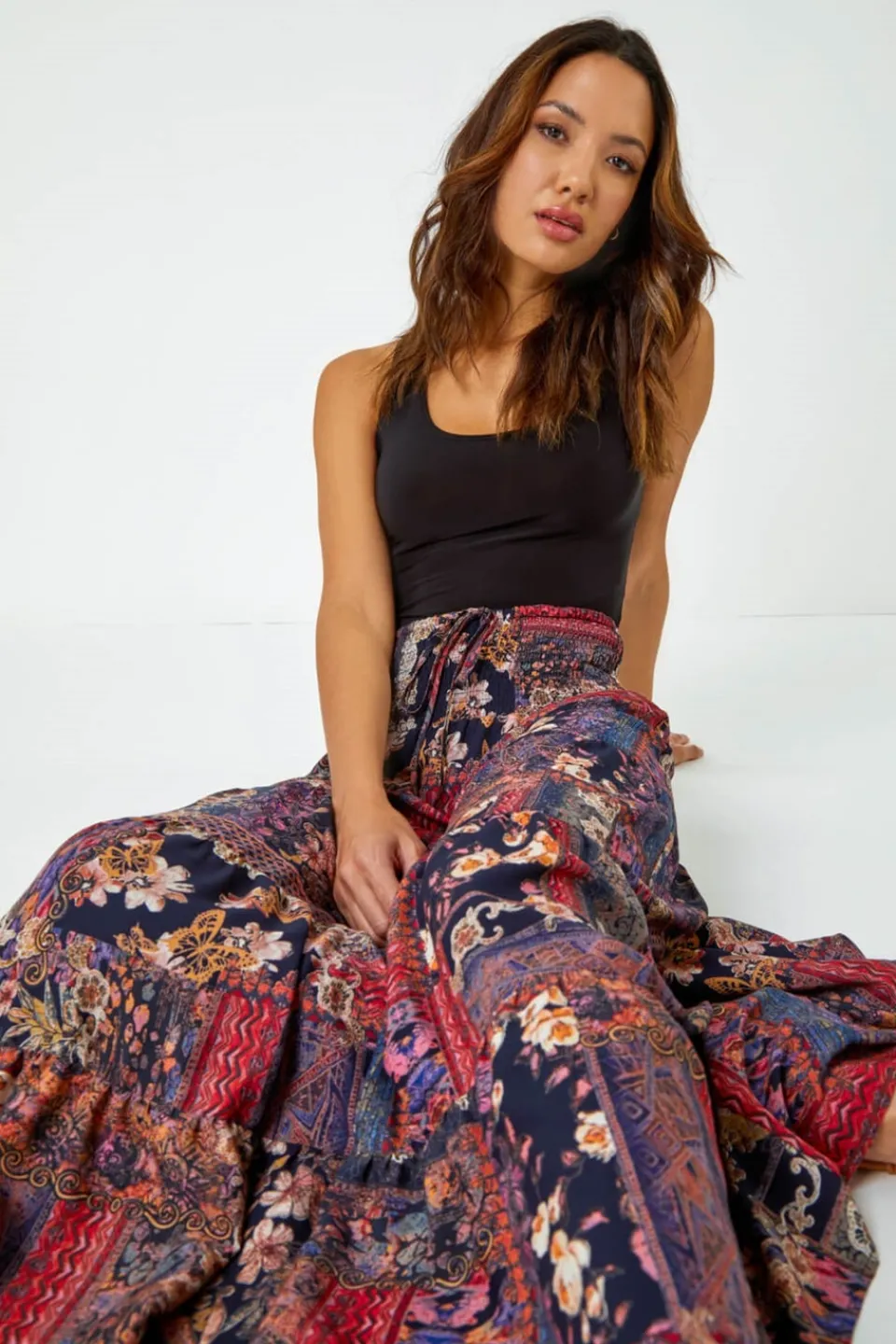 Skirts>Roman Red Boho Floral Shirred Waist Maxi Skirt
