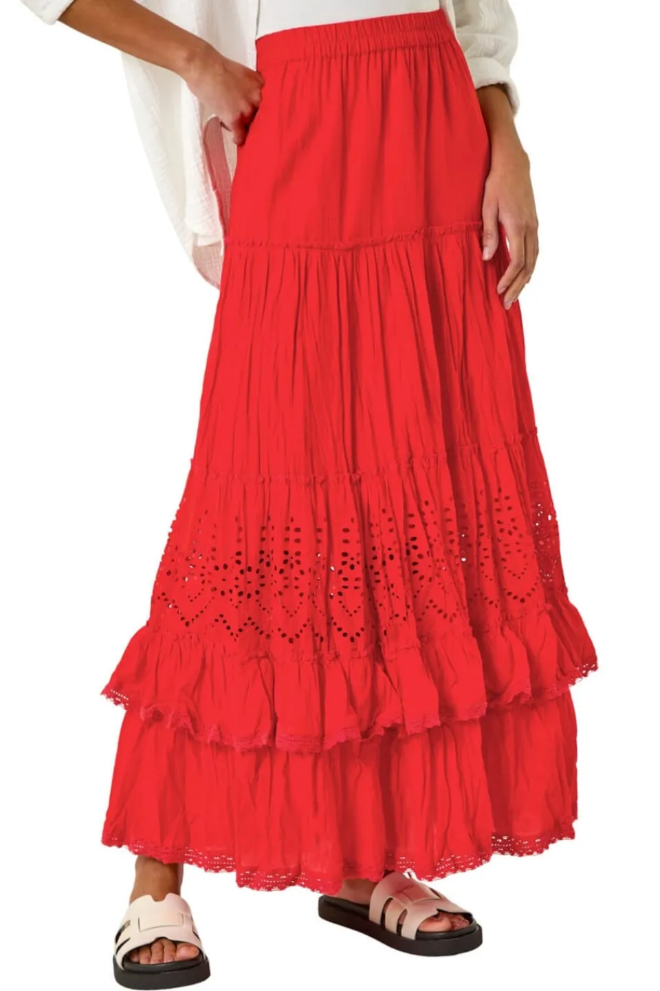 Skirts>Roman Red Broderie Tiered Maxi Skirt