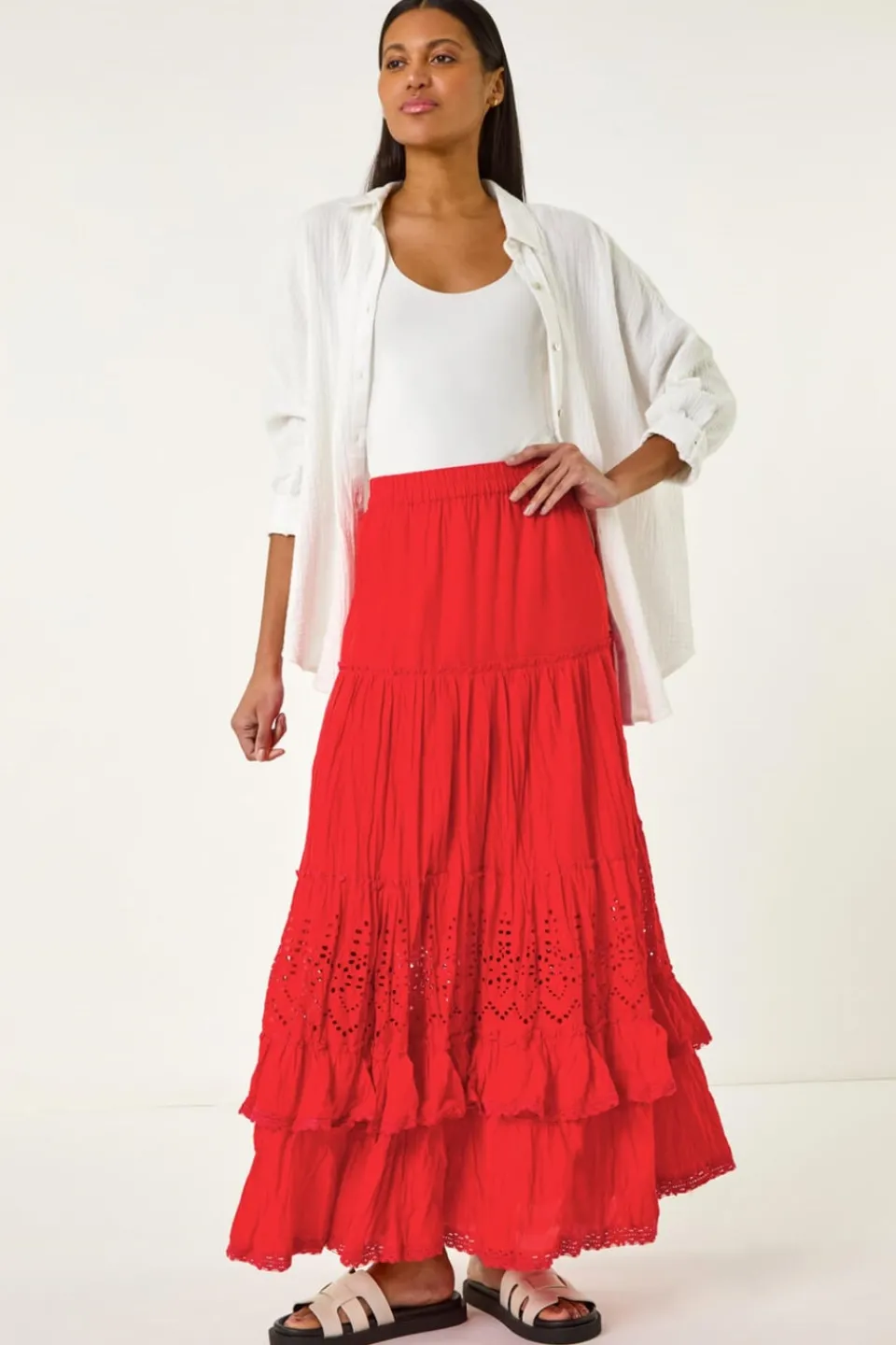 Skirts>Roman Red Broderie Tiered Maxi Skirt