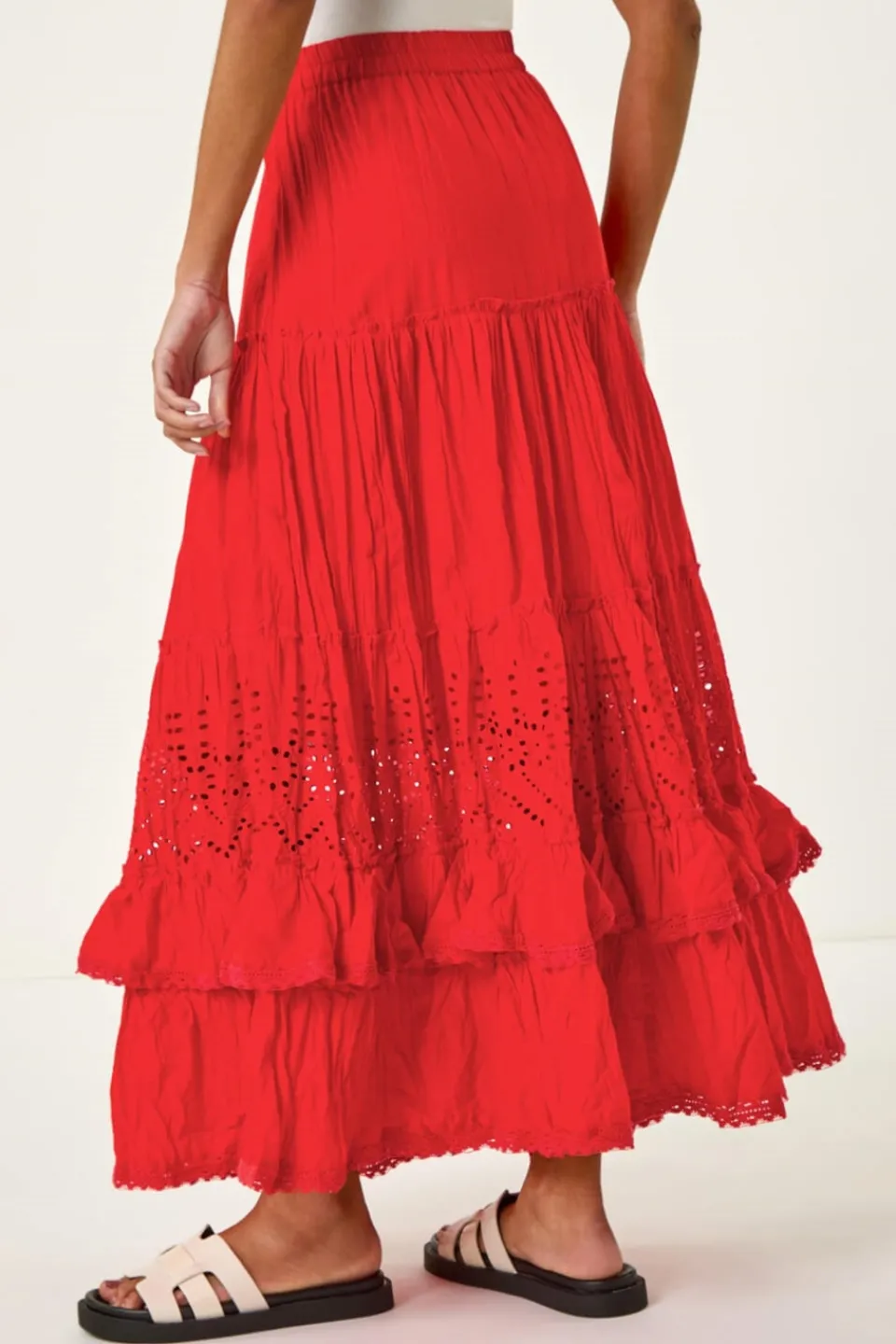 Skirts>Roman Red Broderie Tiered Maxi Skirt