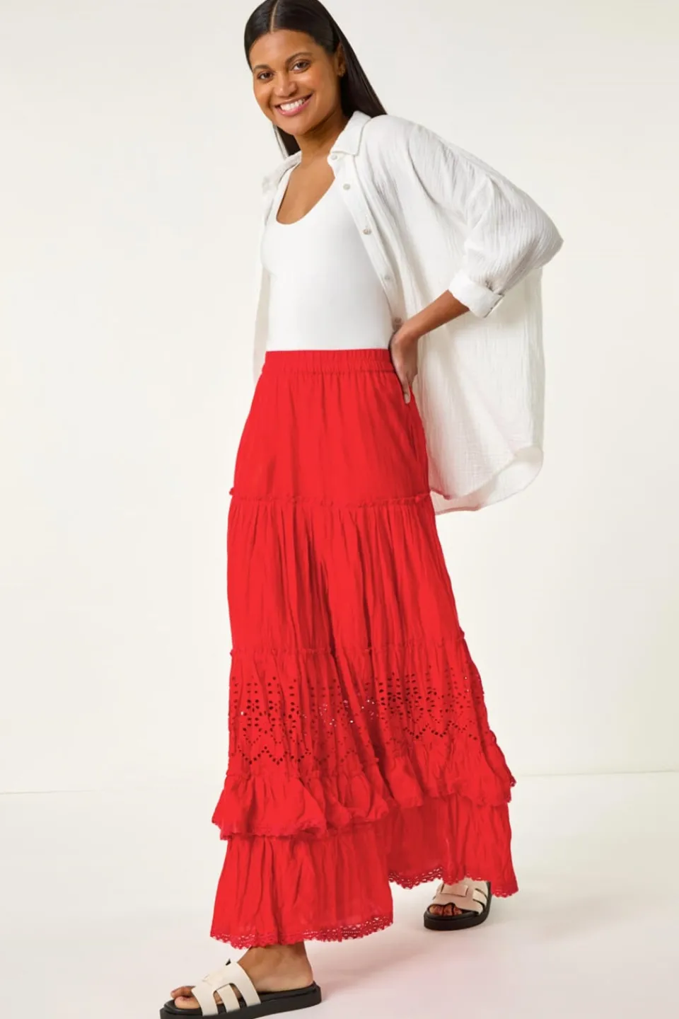 Skirts>Roman Red Broderie Tiered Maxi Skirt