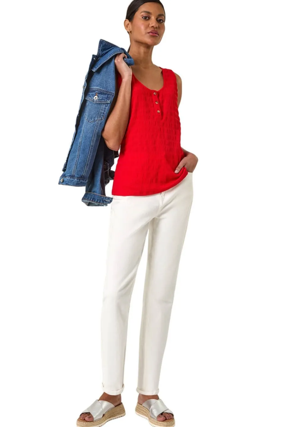 Tops>Roman Red Buttoned Stretch Vest Top