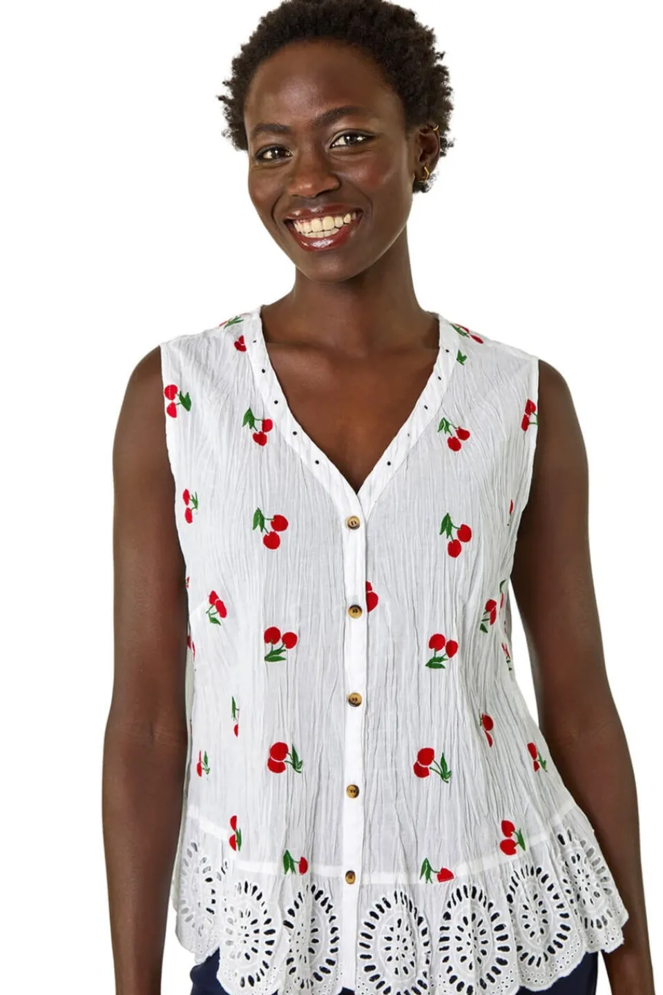 Tops>Roman Red Cherry Print Crinkle Button Blouse