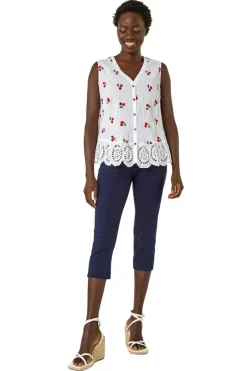 Tops>Roman Red Cherry Print Crinkle Button Blouse