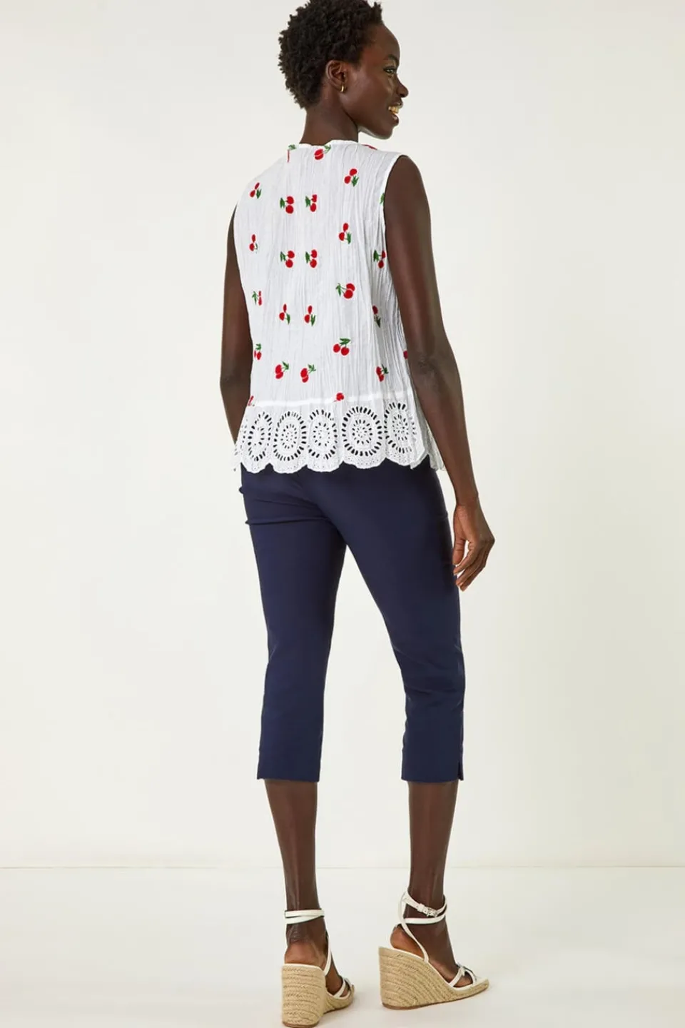 Tops>Roman Red Cherry Print Crinkle Button Blouse