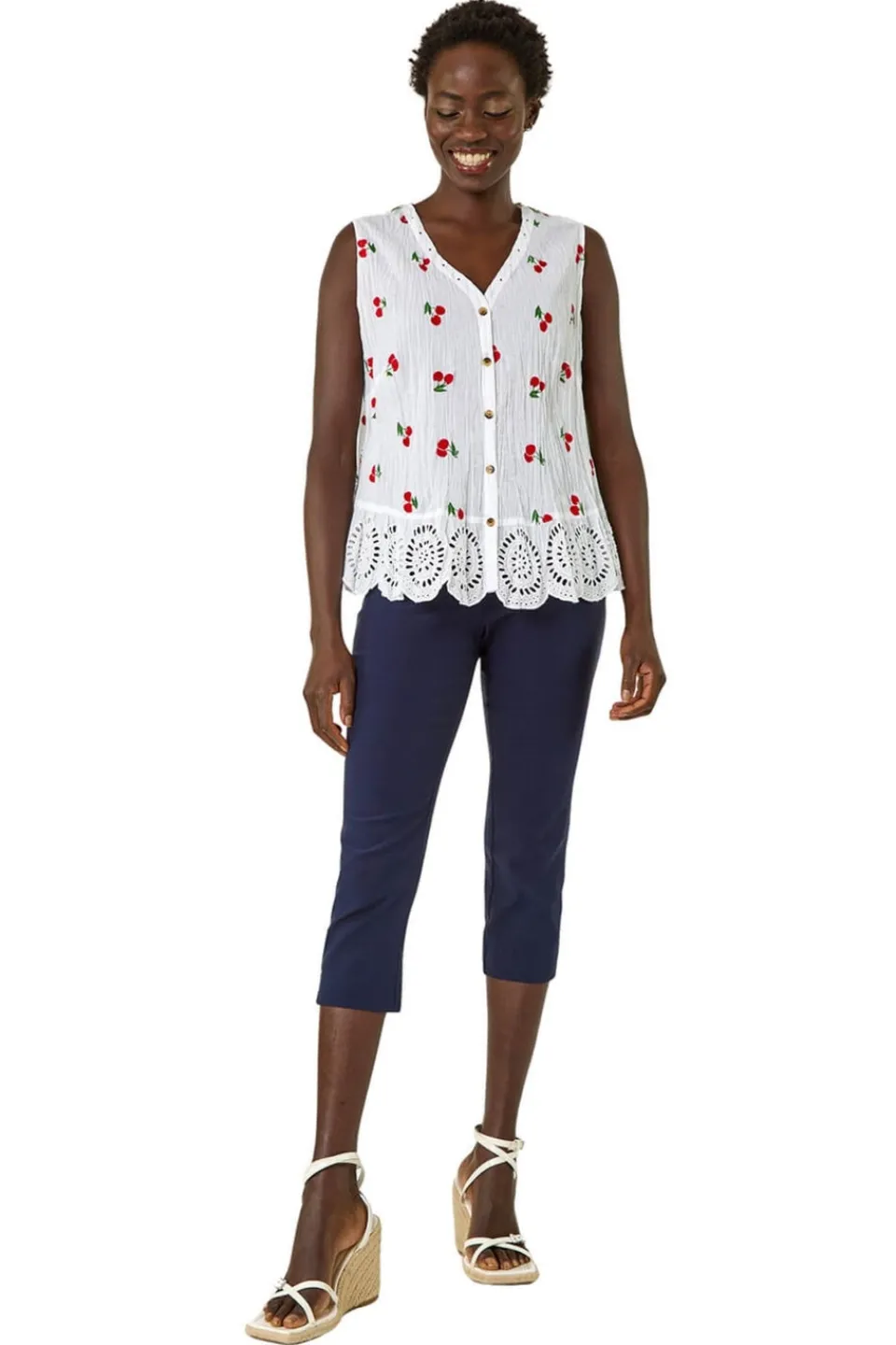 Tops>Roman Red Cherry Print Crinkle Button Blouse