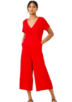 Jumpsuits & Playsuits>Roman Red Cotton Blend Culotte Jumpsuit