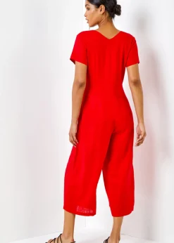 Jumpsuits & Playsuits>Roman Red Cotton Blend Culotte Jumpsuit