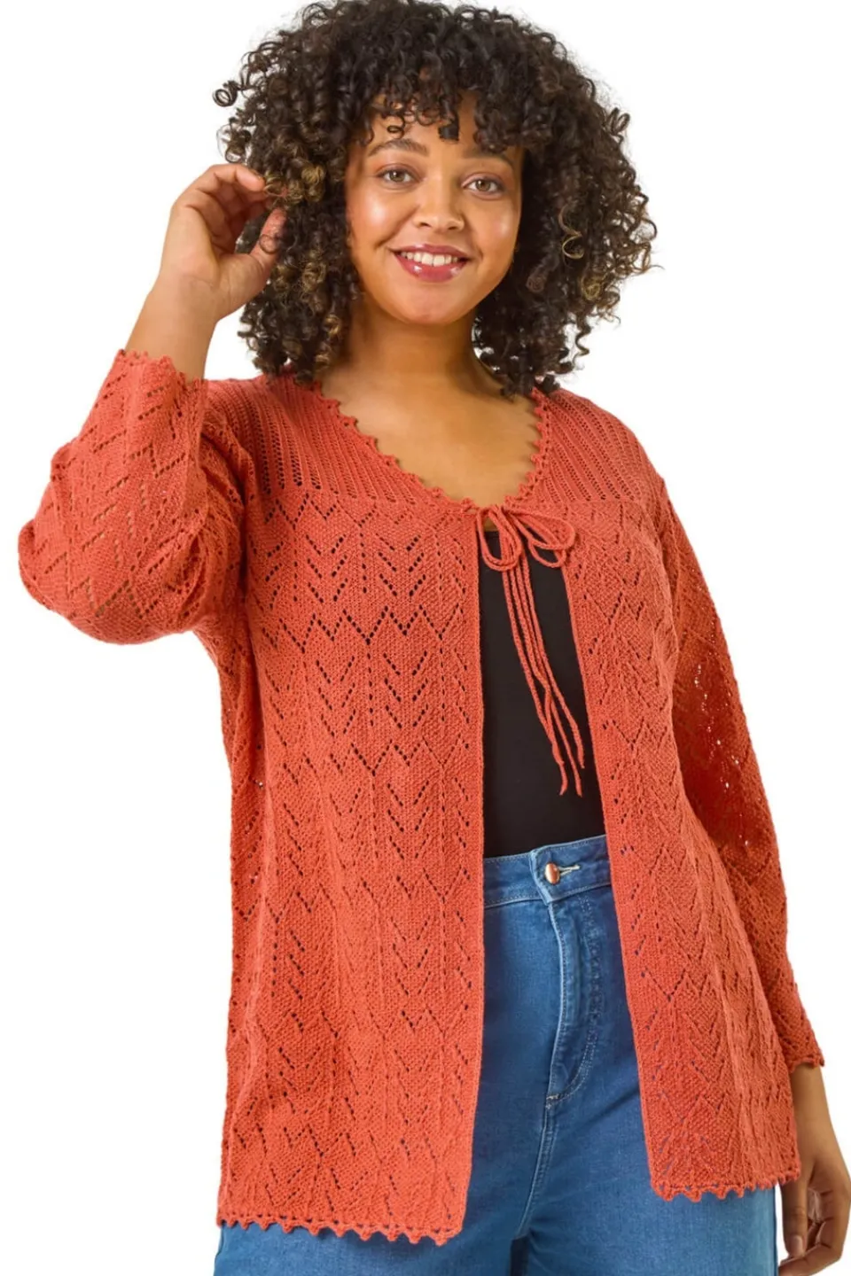 Tops>Roman Red Curve Crochet Tie Front Cardigan