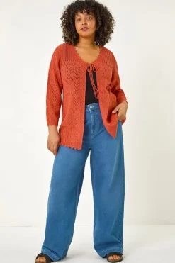 Tops>Roman Red Curve Crochet Tie Front Cardigan