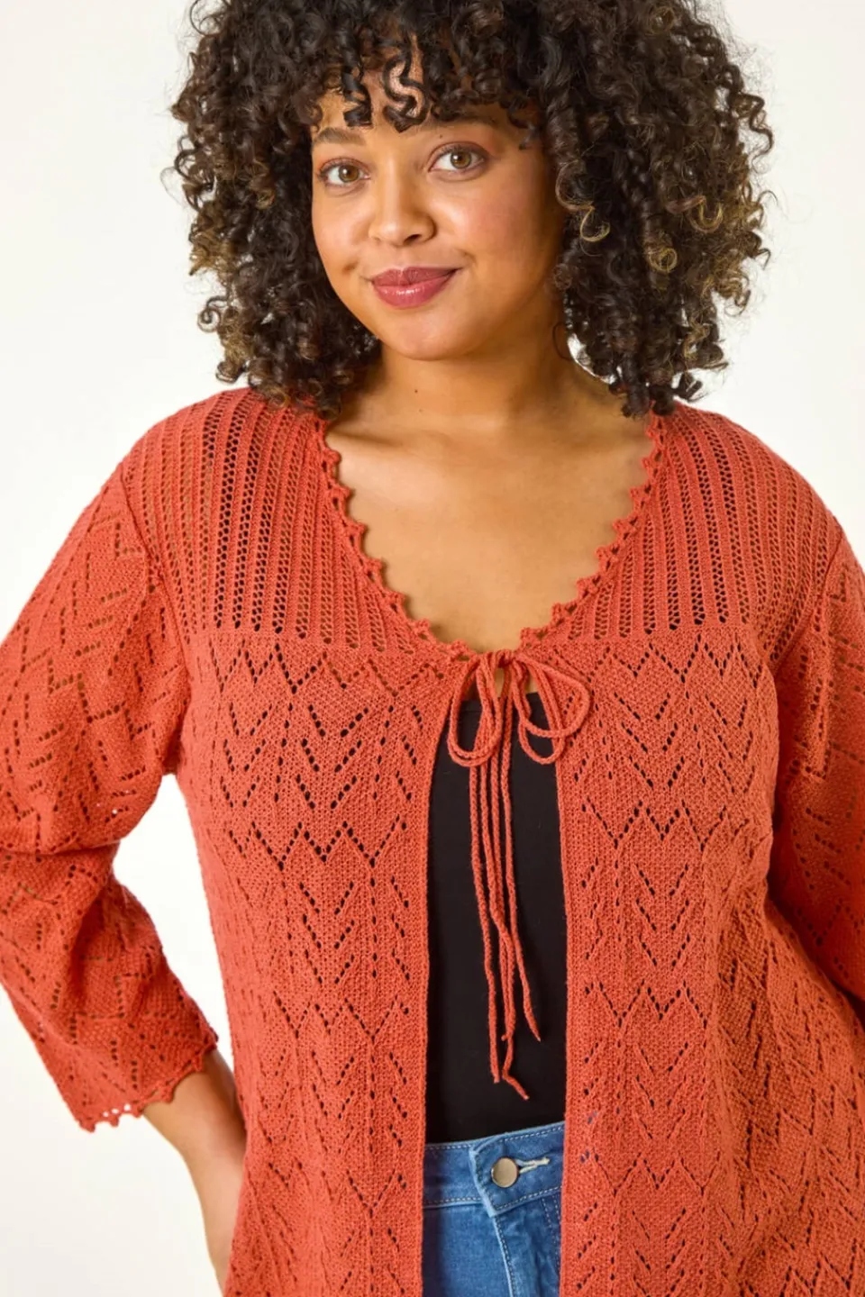 Tops>Roman Red Curve Crochet Tie Front Cardigan